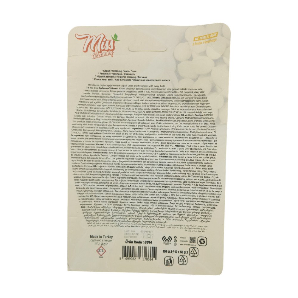 Miss Cleaning Wc Tuvalet Blok 4 Etki 2X50Gr - Limon Ferahlığı Miss Cleaning Wc Tuvalet Blok 4 Etki 2X50Gr - Limon Ferahlığı