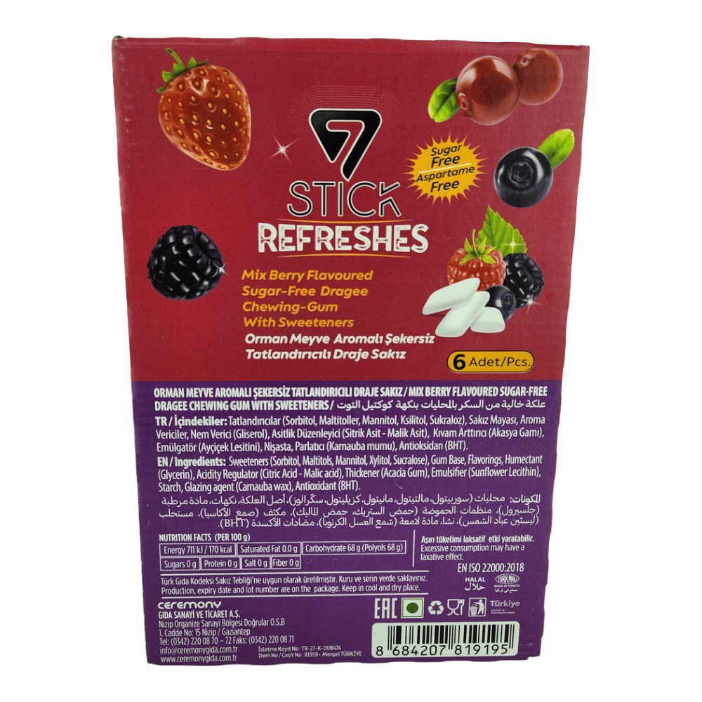 7Stick Refreshes Şekersiz Draje Sakız 60’lı Orman Meyveli 6 Adet