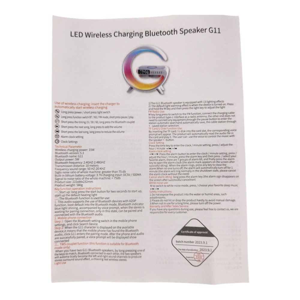 G11 Kablosuz Hoparlör Şarj İstasyonlu Işıklı Saat - Rgb 15W