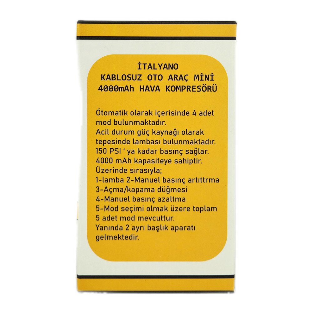 Kablosuz Oto Araç Kompresörü 4000 mAh 150 PSI KA-760 Kablosuz Oto Araç Kompresörü 4000 mAh 150 PSI KA-760