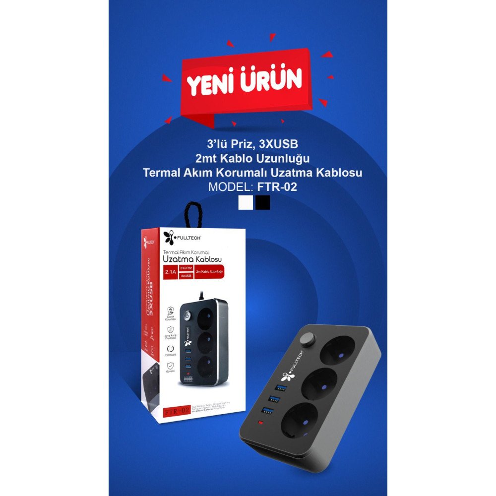 Ftr-02 3Lü Piriz (2Mt) + 3 Usb Anahtarlı