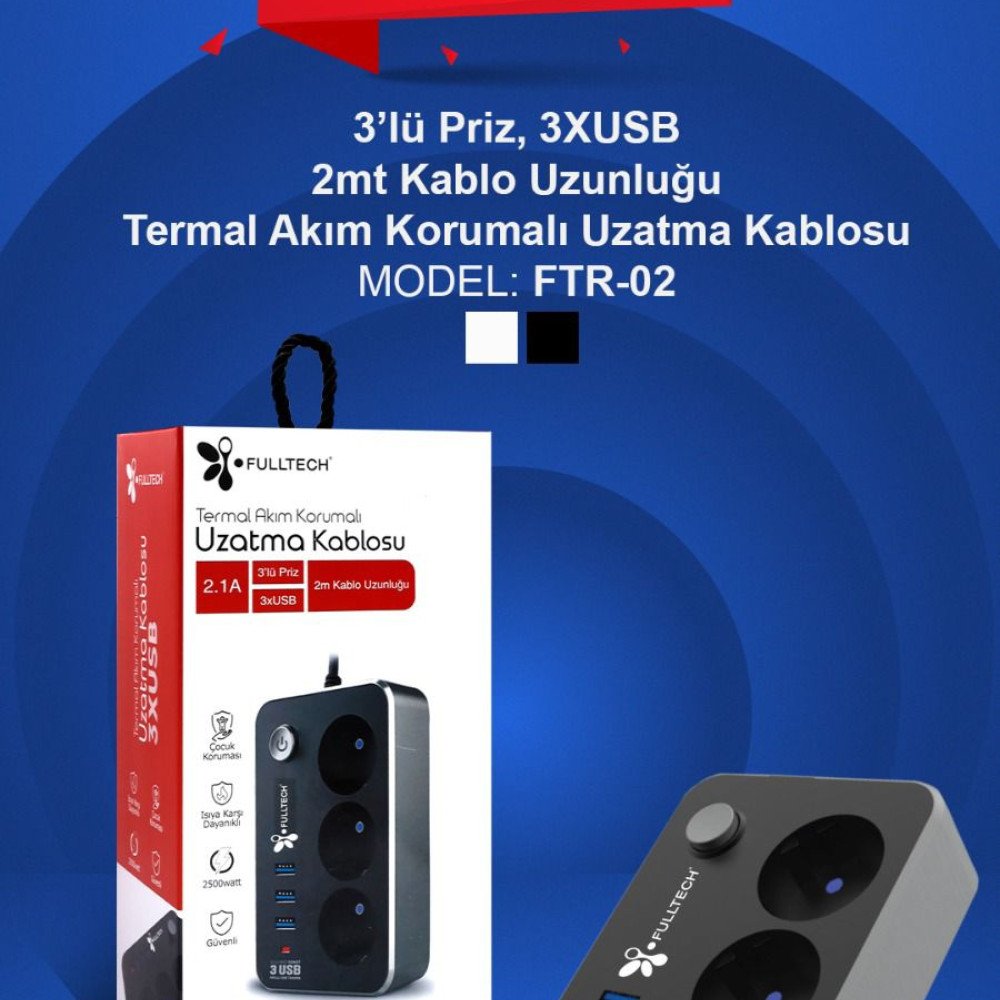 Ftr-02 3Lü Piriz (2Mt) + 3 Usb Anahtarlı