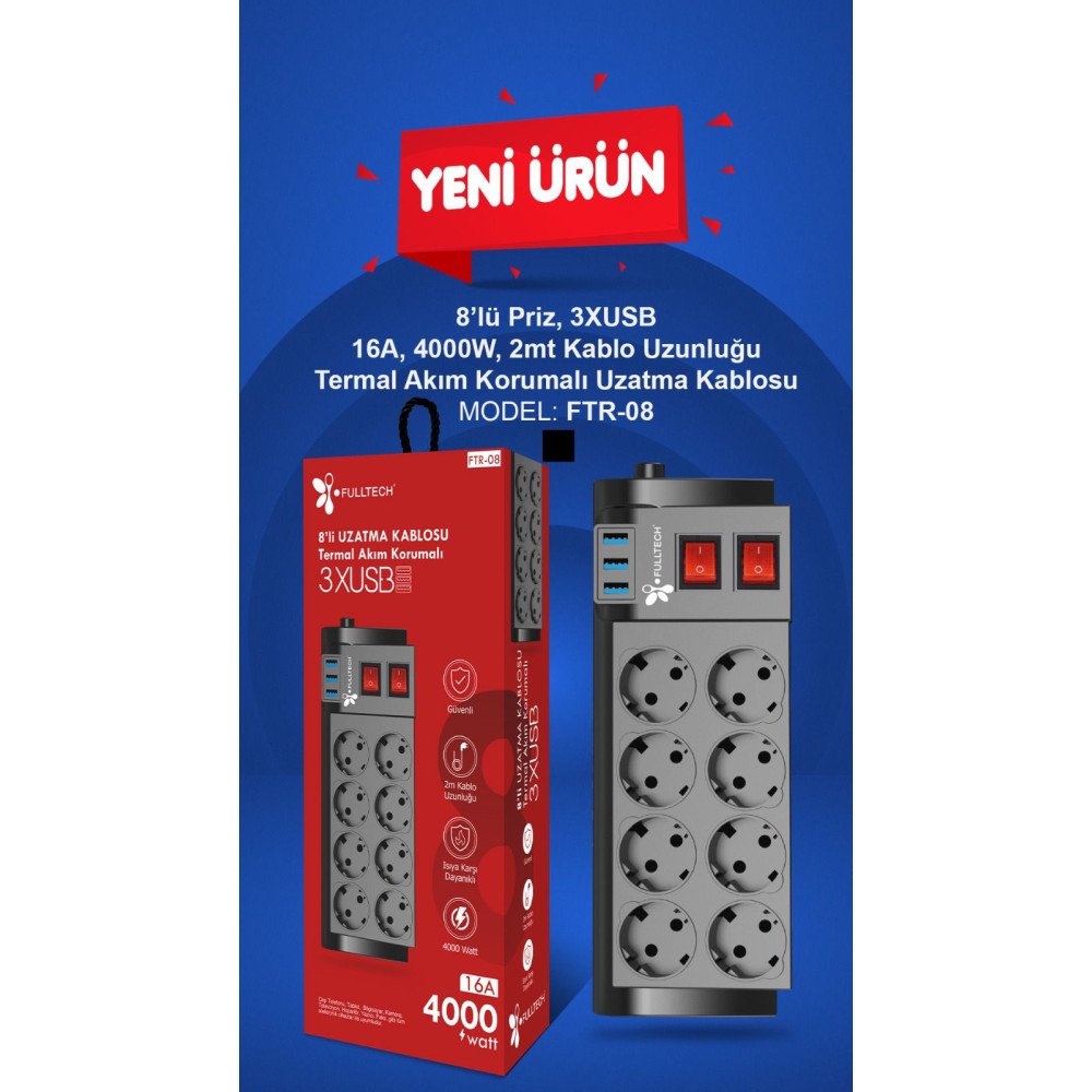 Ftr-08 8Li Piriz (2Mt) + 3 Usb Anahtarlı
