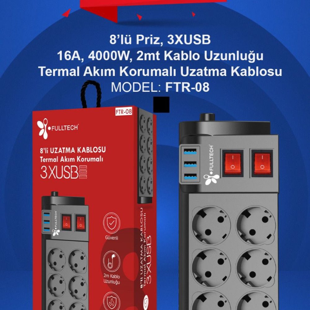 Ftr-08 8Li Piriz (2Mt) + 3 Usb Anahtarlı