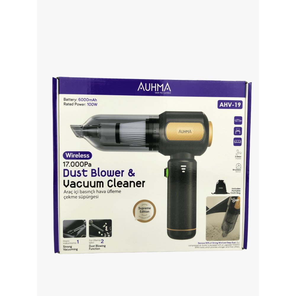 AUHMA EL SÜPÜRGESİ KABLOSUZ 17000Pa AHV-19 ÜFLEME/ÇEKME 6000mAh PİL