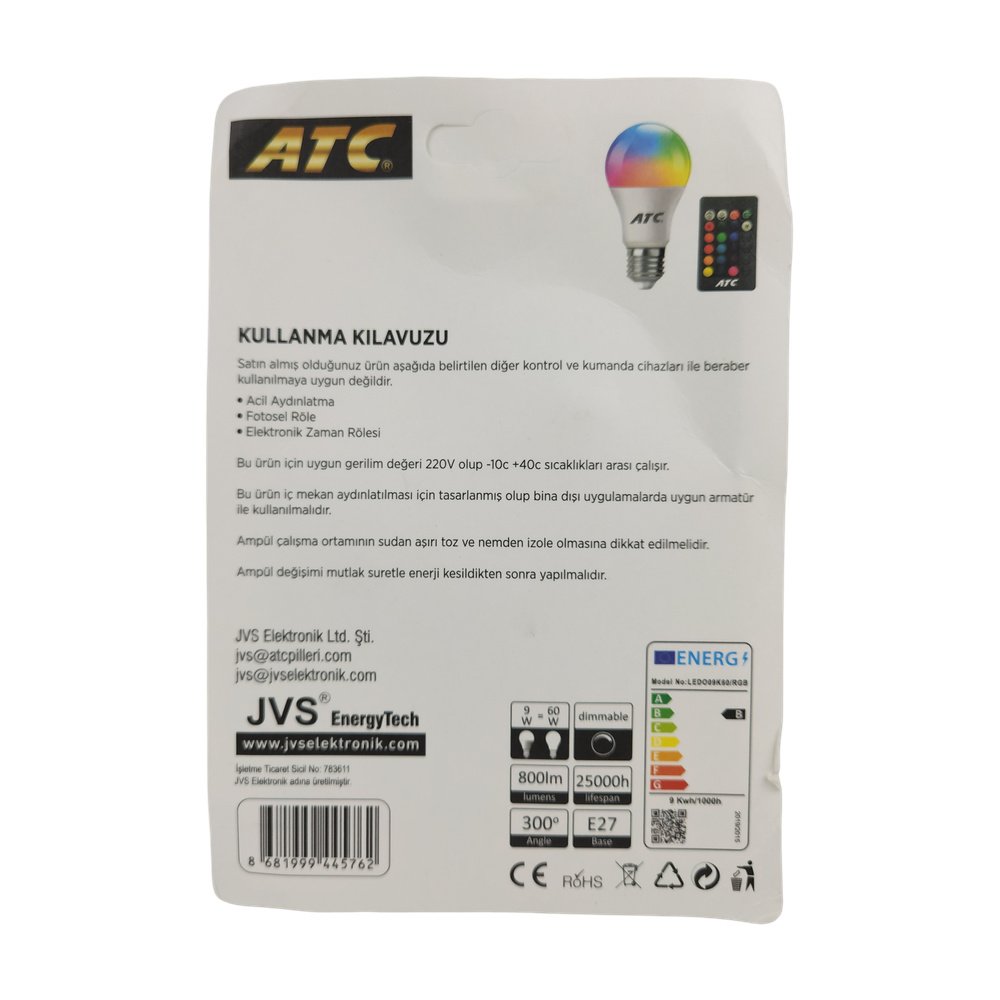 ATC Uzaktan Kumandalı 9W RGB + 6500K Beyaz Işık LED Ampul (E27) ATC Uzaktan Kumandalı 9W RGB + 6500K Beyaz Işık LED Ampul (E27)