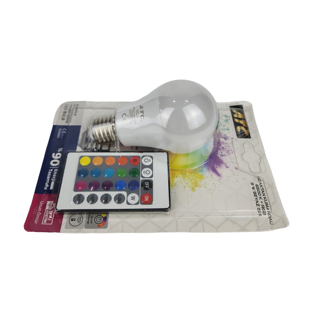 ATC Uzaktan Kumandalı 9W RGB + 6500K Beyaz Işık LED Ampul (E27) ATC Uzaktan Kumandalı 9W RGB + 6500K Beyaz Işık LED Ampul (E27)