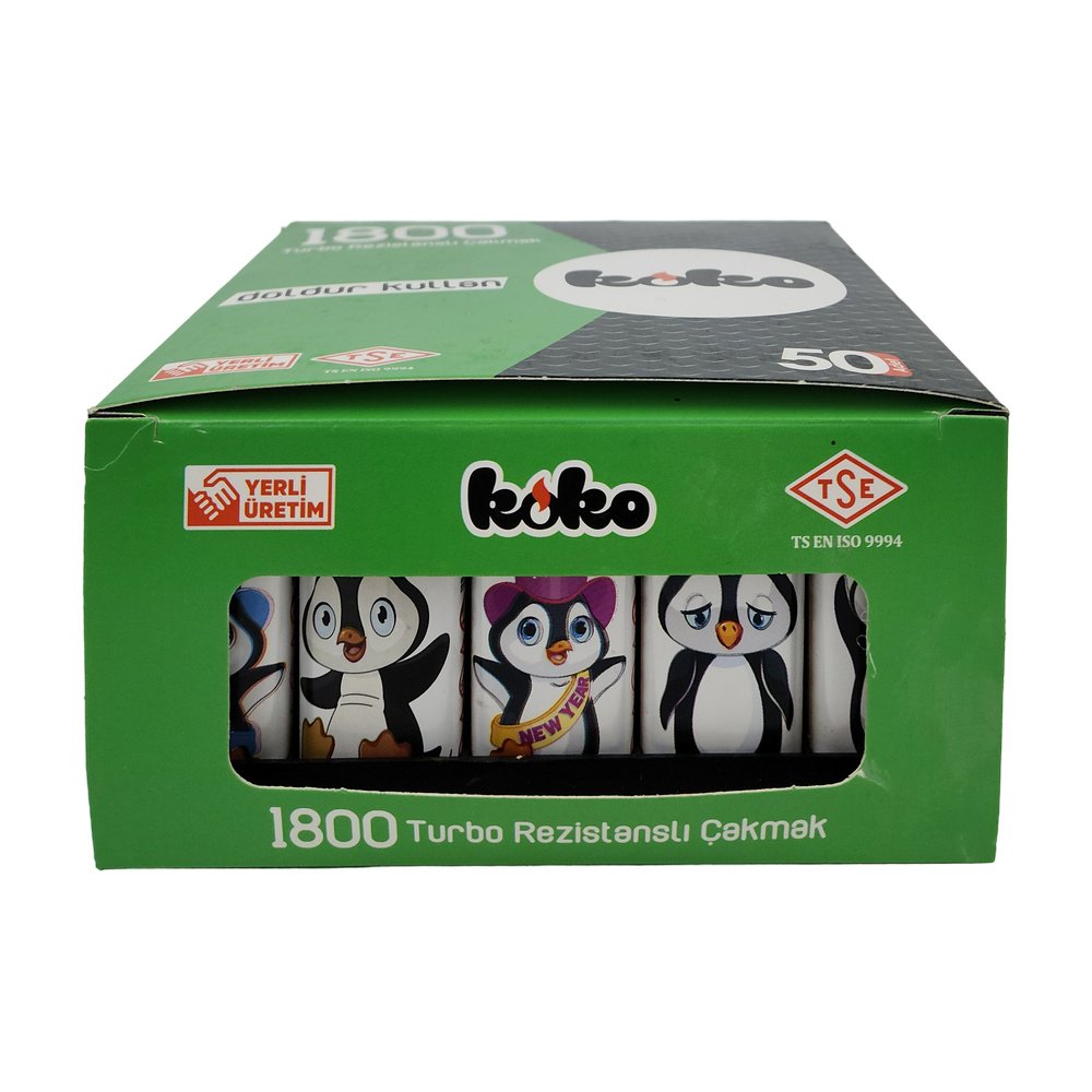 Koko Rüzgarda Yanan Turbo Çakmak Penguen Desenli *50Ad Koko Rüzgarda Yanan Turbo Çakmak Penguen Desenli *50Ad