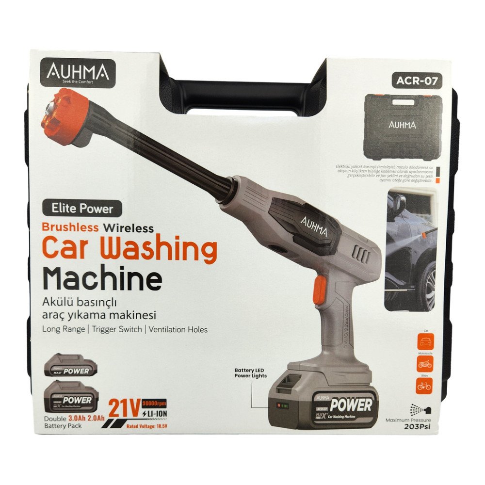 Auhma Akülü Basınçlı Araç Yıkama Makinesi 21V ACR-07 203 Psi