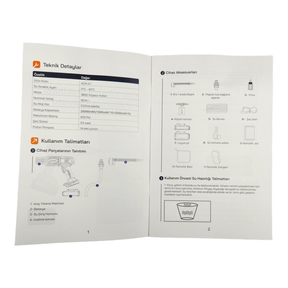 Auhma Akülü Basınçlı Araç Yıkama Makinesi 21V ACR-07 203 Psi