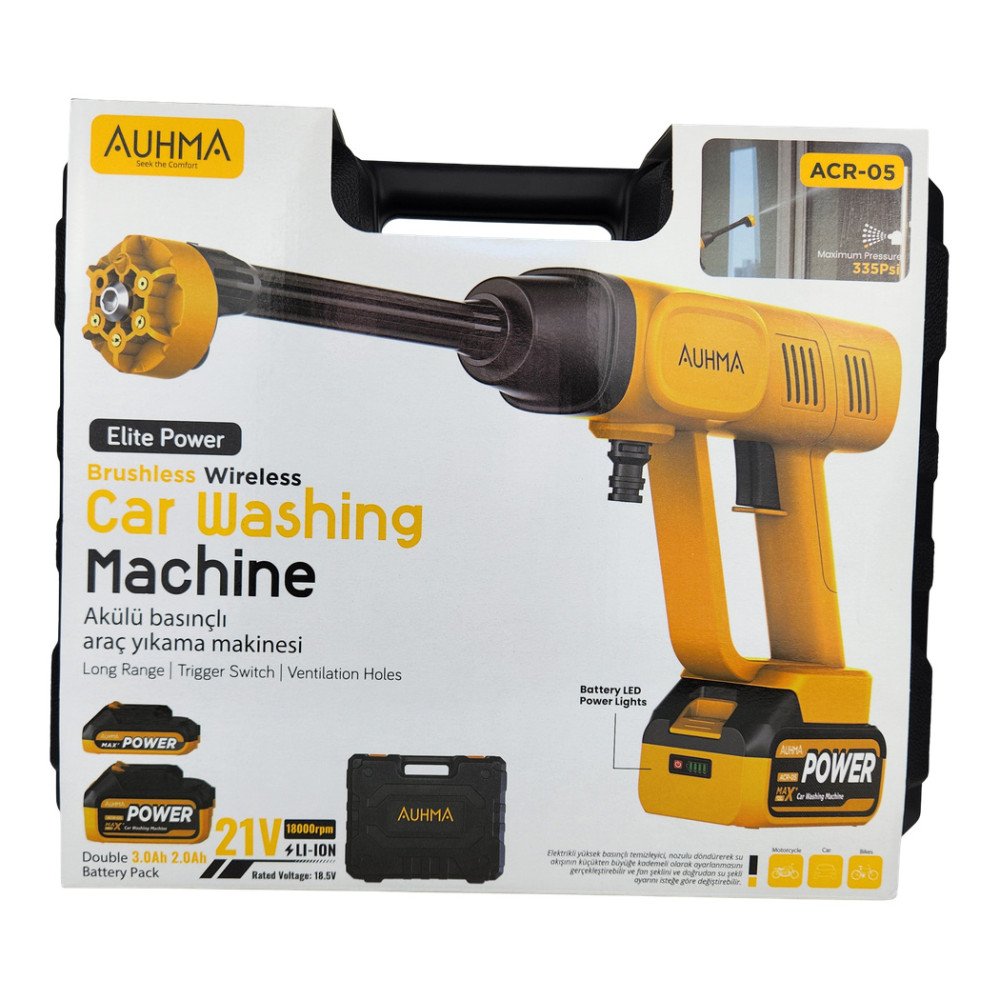 Auhma Akülü Basınçlı Araç Yıkama Makinesi 21V ACR-05 335 Psi