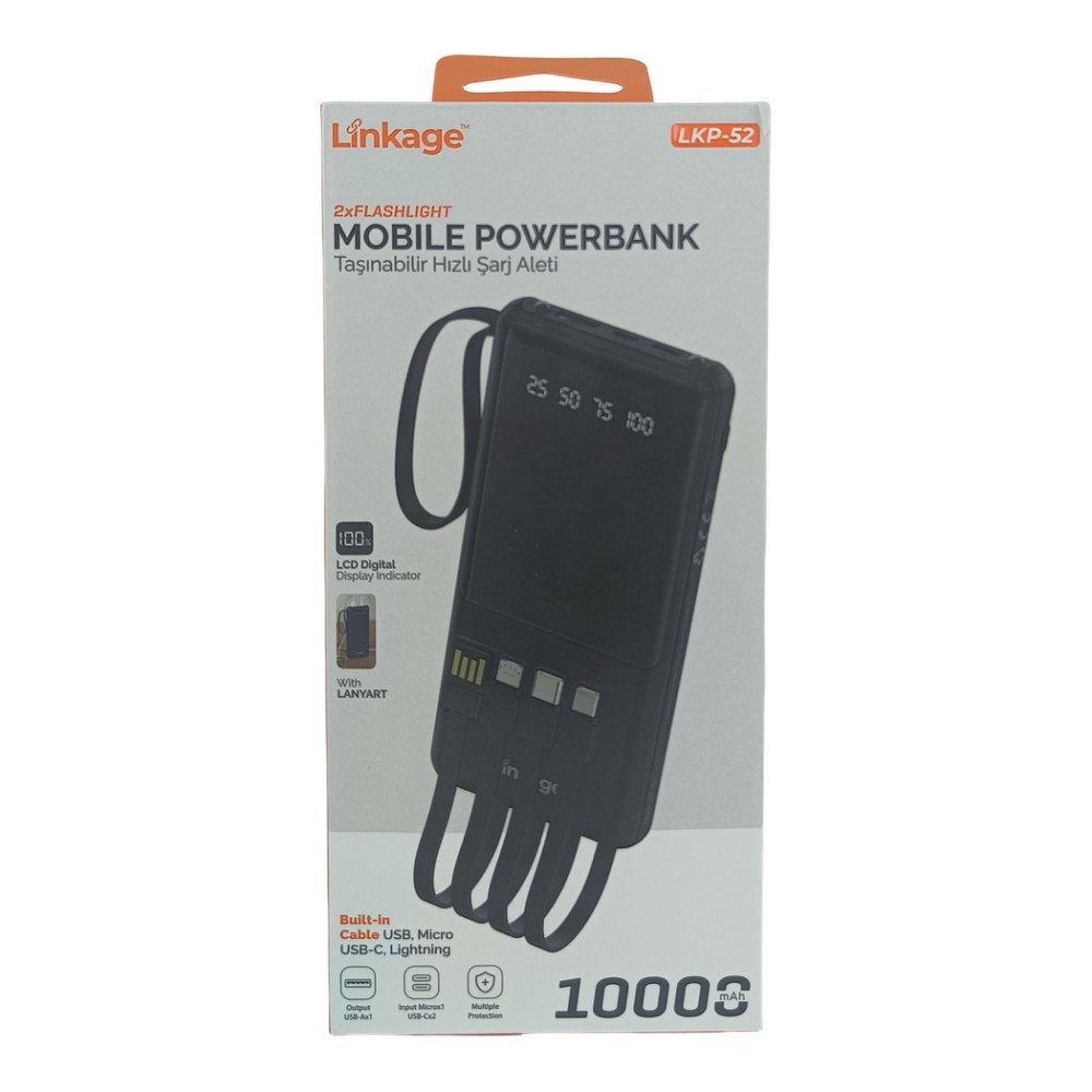 Linkage LKP-52 10.000 mAh Dahili Type-C, Micro USB ve Lightning Kablolu LCD Powerbank