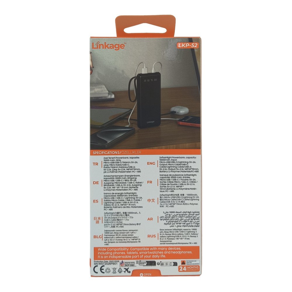 Linkage LKP-52 10.000 mAh Dahili Type-C, Micro USB ve Lightning Kablolu LCD Powerbank