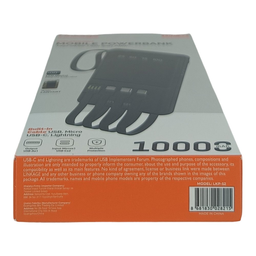 Linkage LKP-52 10.000 mAh Dahili Type-C, Micro USB ve Lightning Kablolu LCD Powerbank