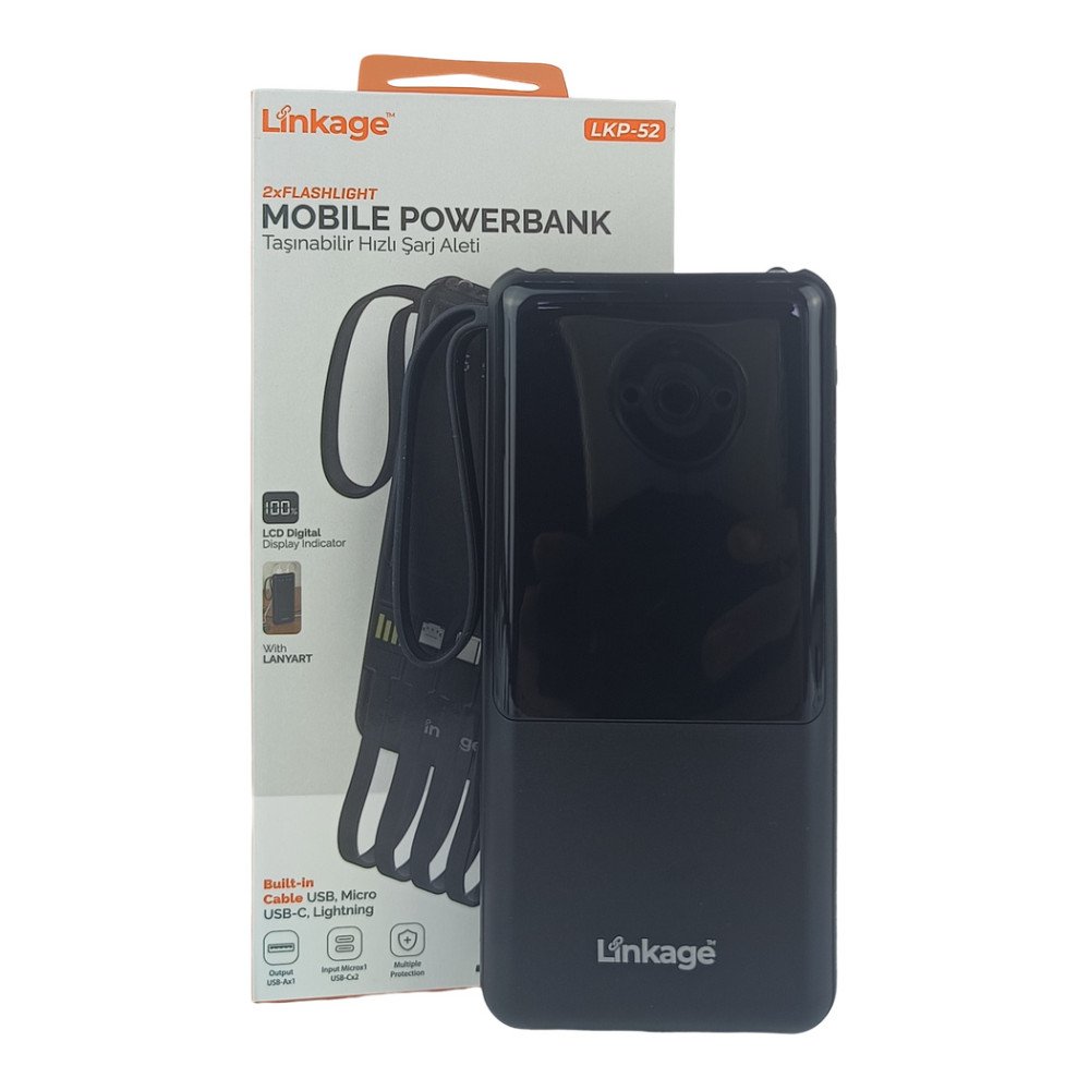 Linkage LKP-52 10.000 mAh Dahili Type-C, Micro USB ve Lightning Kablolu LCD Powerbank