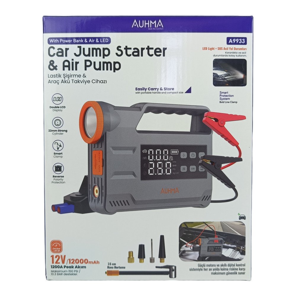 Auhma A9933 4'ü 1 Arada 12.000 mAh Akü Takviye, Hava Pompası, Powerbank ve Dijital Fener