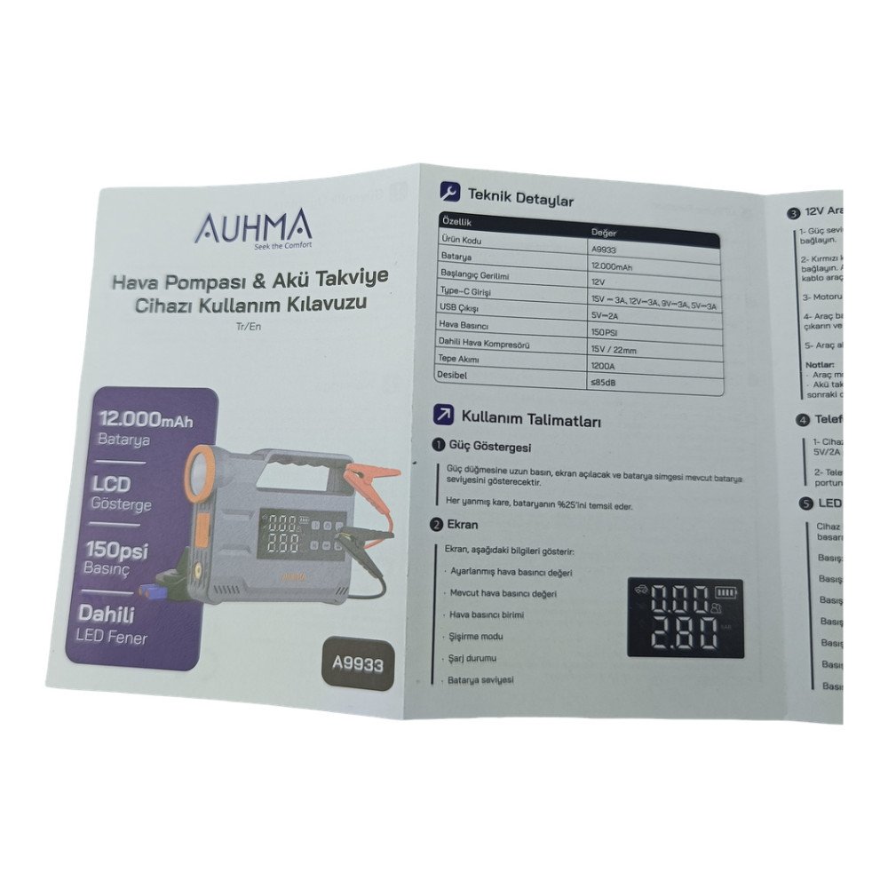 Auhma A9933 4'ü 1 Arada 12.000 mAh Akü Takviye, Hava Pompası, Powerbank ve Dijital Fener