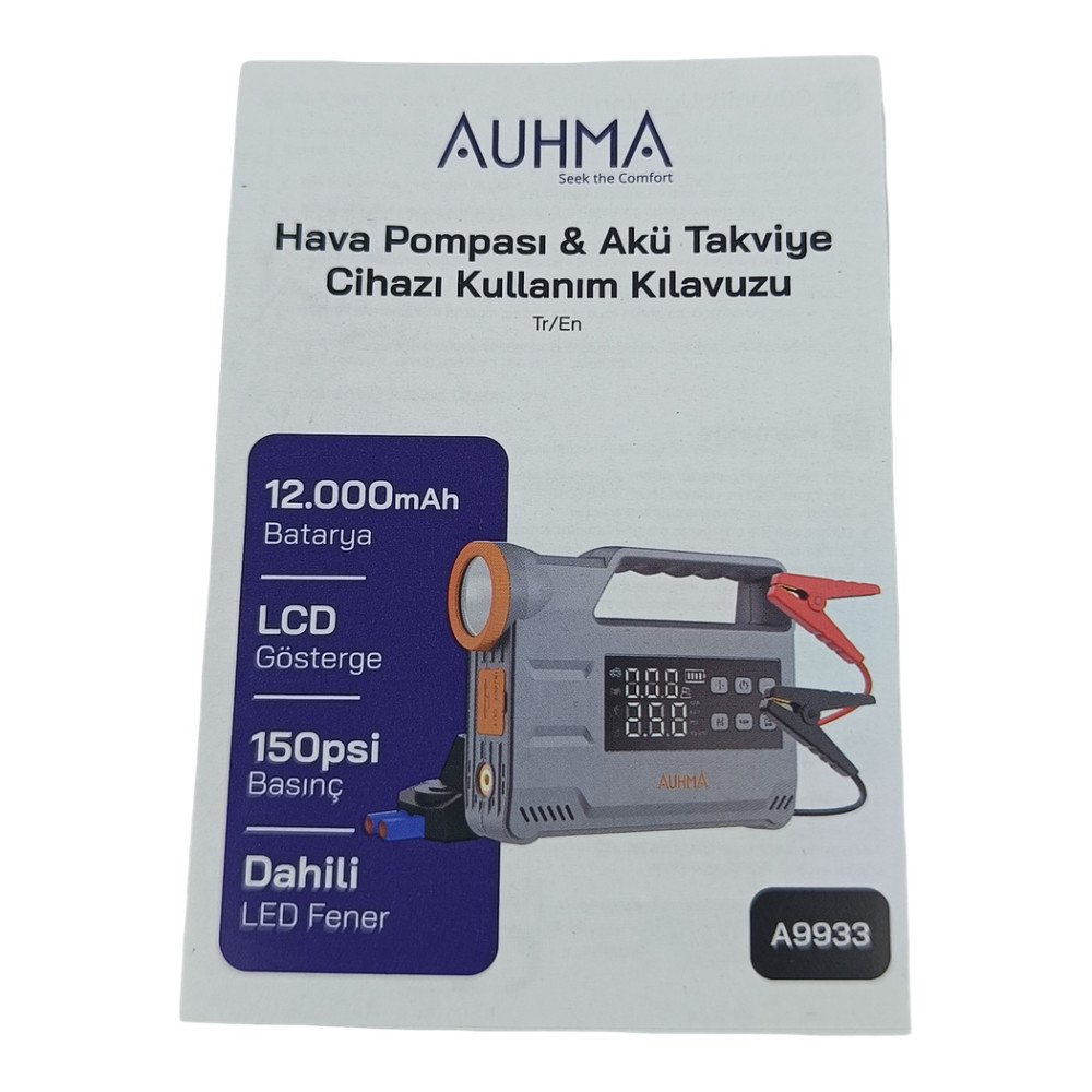 Auhma A9933 4'ü 1 Arada 12.000 mAh Akü Takviye, Hava Pompası, Powerbank ve Dijital Fener