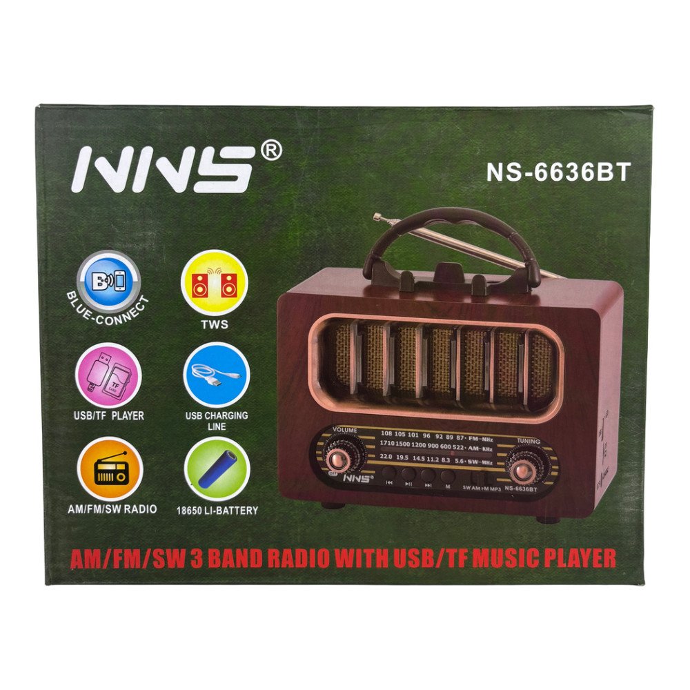 NNS NS-6636BT Ahşap Retro Bluetooth Radyo ve Hoparlör FM/SW