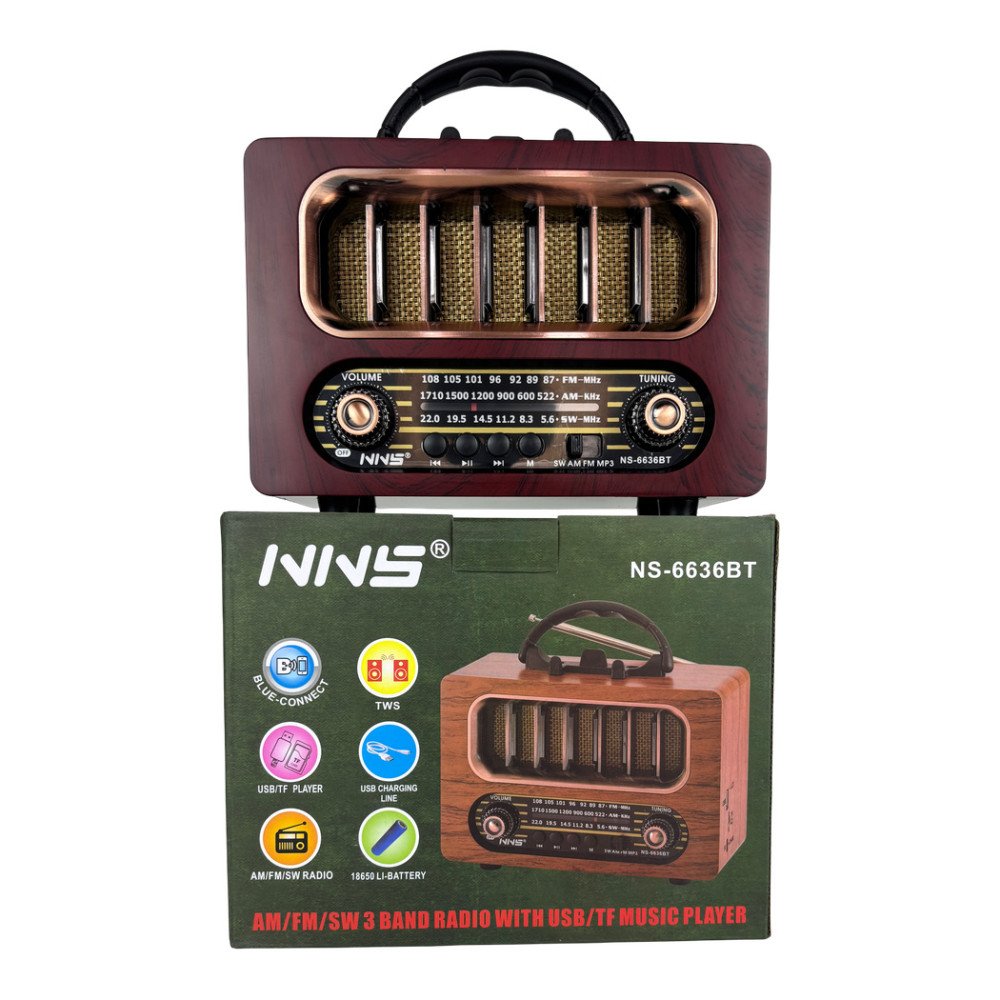 NNS NS-6636BT Ahşap Retro Bluetooth Radyo ve Hoparlör FM/SW