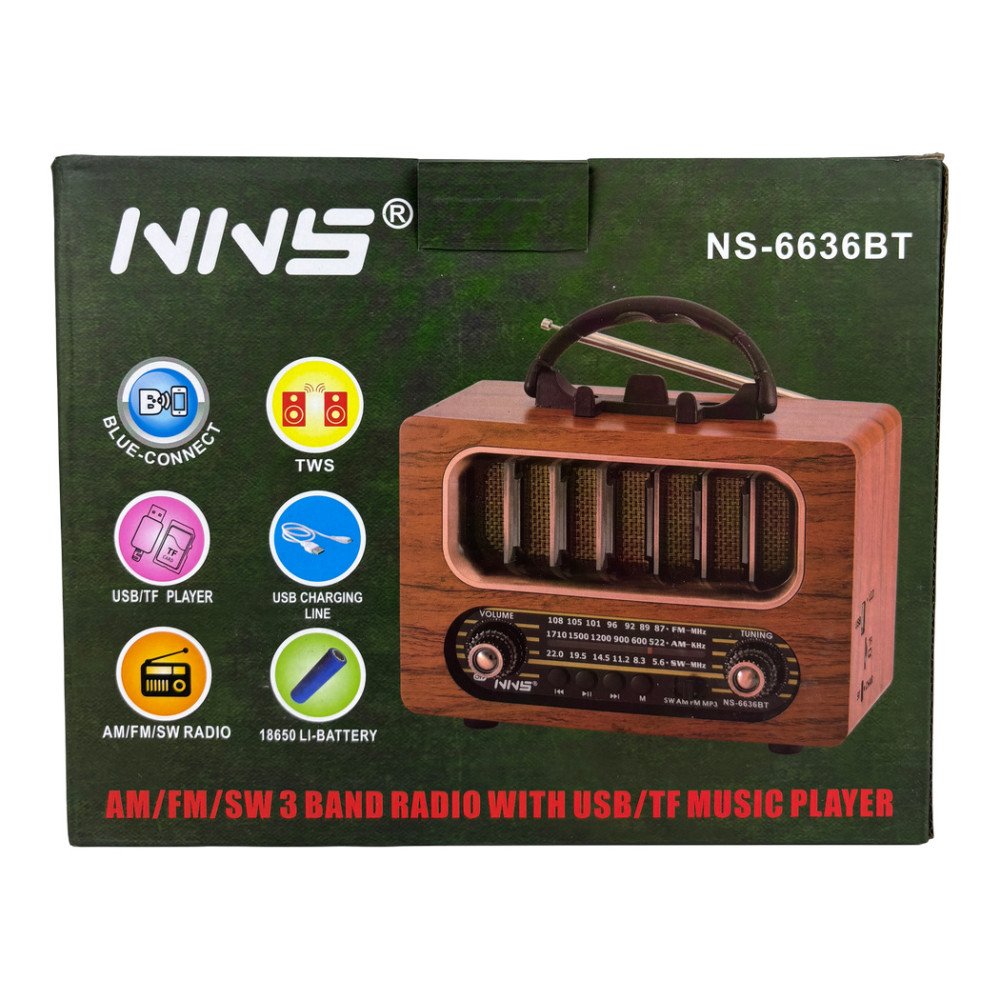 NNS NS-6636BT Ahşap Retro Bluetooth Radyo ve Hoparlör FM/SW