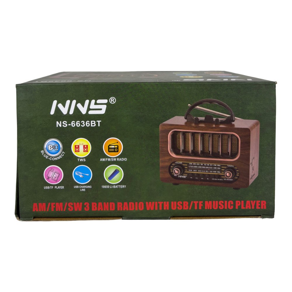 NNS NS-6636BT Ahşap Retro Bluetooth Radyo ve Hoparlör FM/SW