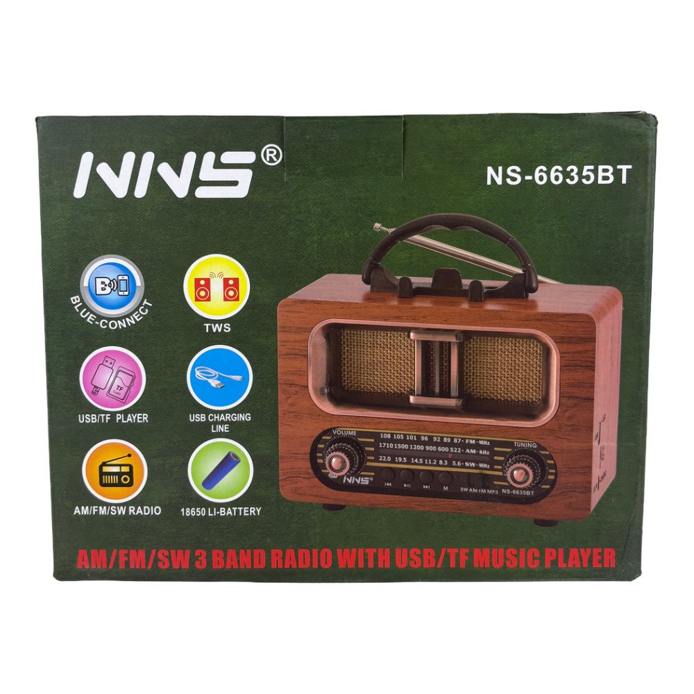 NNS NS-6635BT Büyük Boy Ahşap Retro Bluetooth Hoparlörlü Şarjlı FM/AM Radyo