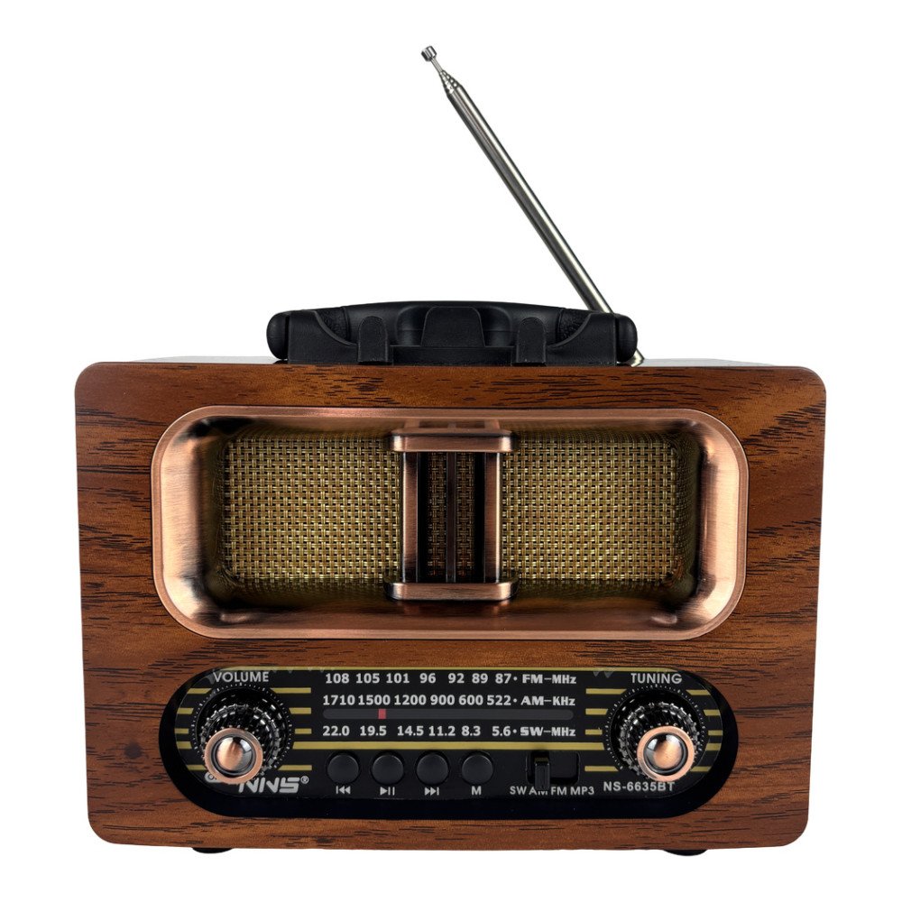 NNS NS-6635BT Büyük Boy Ahşap Retro Bluetooth Hoparlörlü Şarjlı FM/AM Radyo