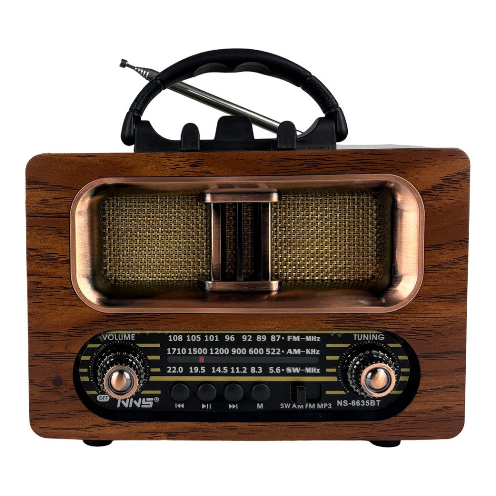 NNS NS-6635BT Büyük Boy Ahşap Retro Bluetooth Hoparlörlü Şarjlı FM/AM Radyo