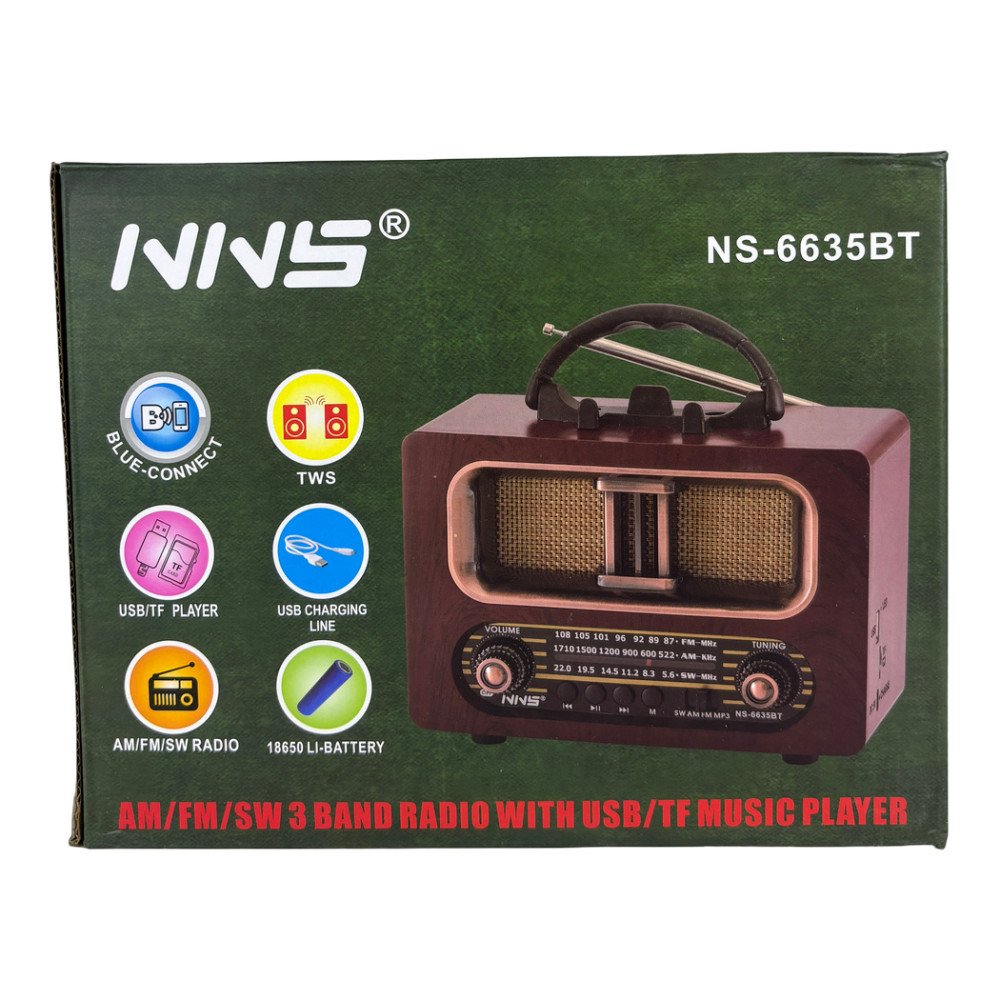 NNS NS-6635BT Büyük Boy Ahşap Retro Bluetooth Hoparlörlü Şarjlı FM/AM Radyo