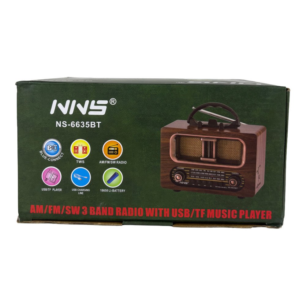 NNS NS-6635BT Büyük Boy Ahşap Retro Bluetooth Hoparlörlü Şarjlı FM/AM Radyo