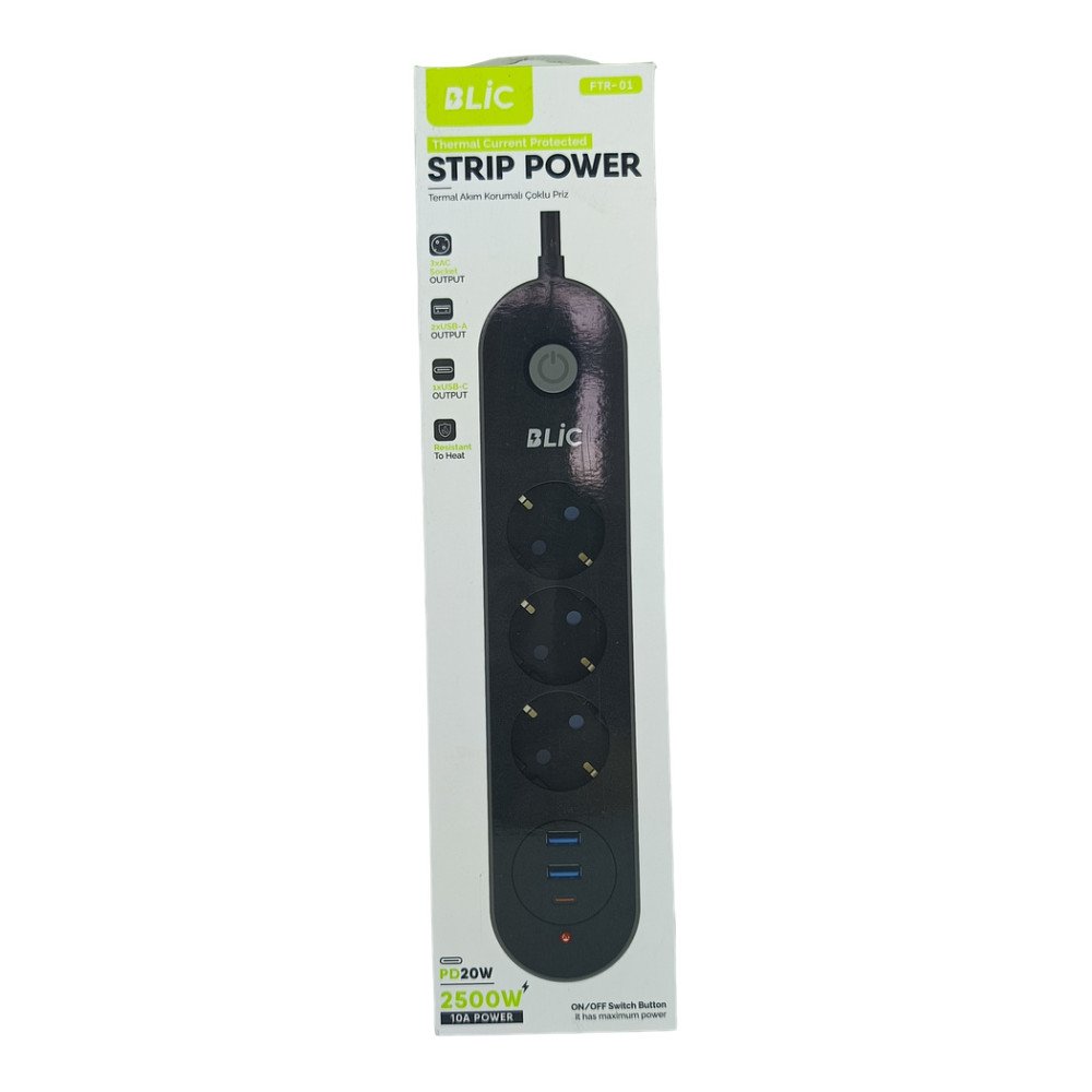 FTR-01 3'lü Priz 2 m + 2 USB + 1 USB-C Anahtarlı