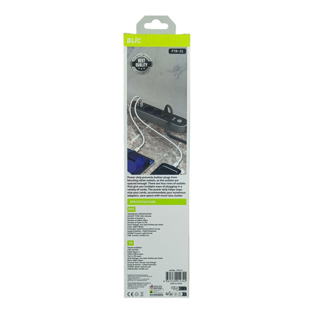 FTR-01 3'lü Priz 2 m + 2 USB + 1 USB-C Anahtarlı