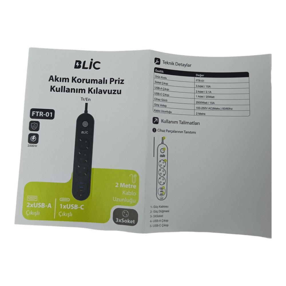 FTR-01 3'lü Priz 2 m + 2 USB + 1 USB-C Anahtarlı