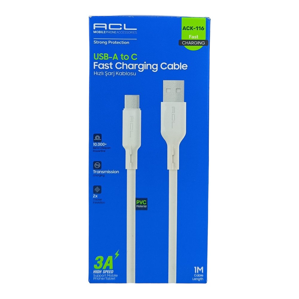 ACK-116 3A Hızlı Şarj Kablosu 1 Metre USB Type-C Şarj Kablosu