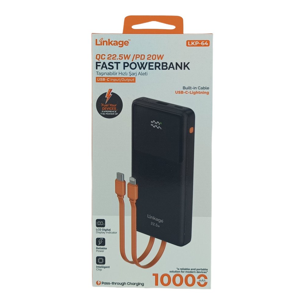 Linkage LKP-64 10000 mAh 22.5W Type-C ve Lightning Kablolu Powerbank LCD Gösterge