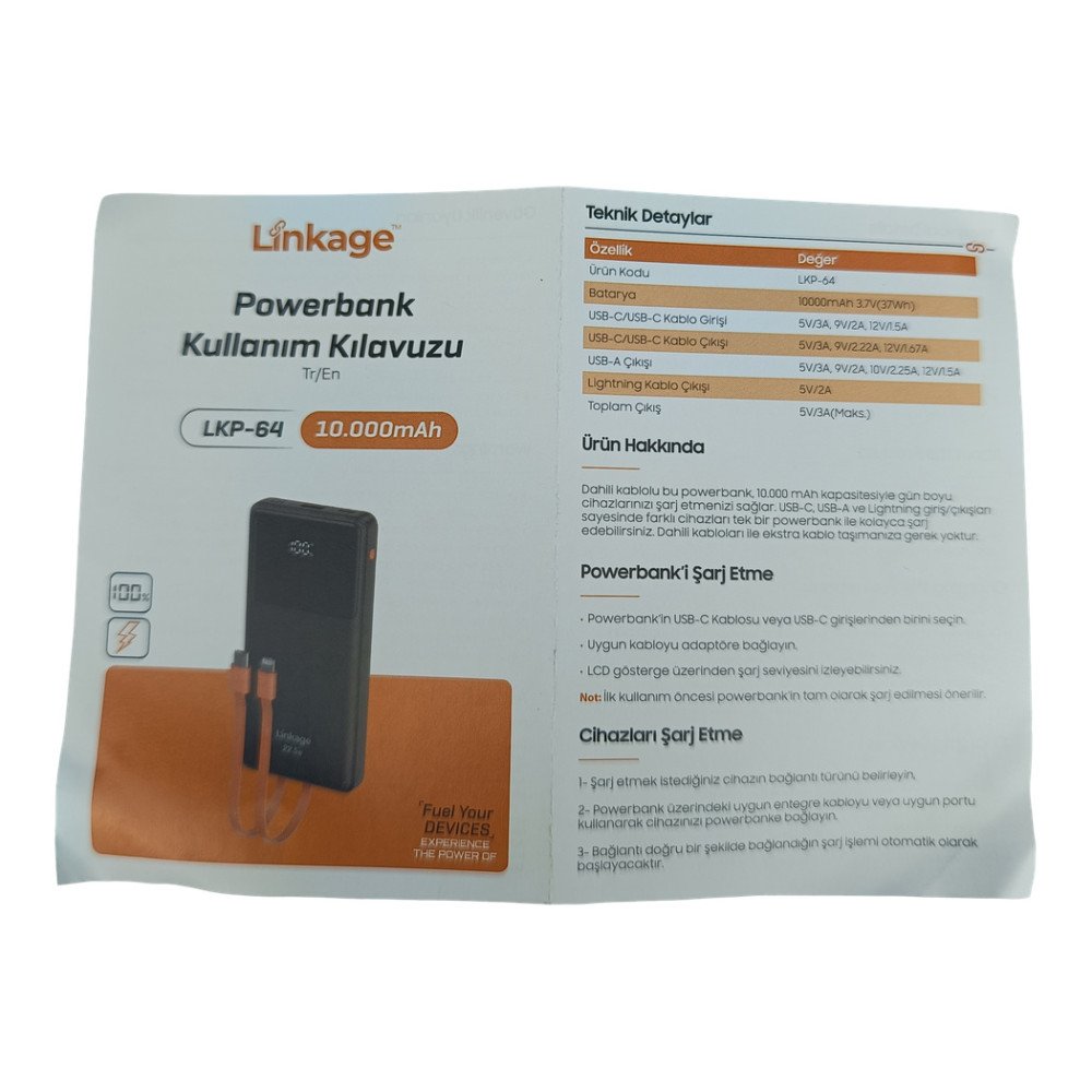 Linkage LKP-64 10000 mAh 22.5W Type-C ve Lightning Kablolu Powerbank LCD Gösterge