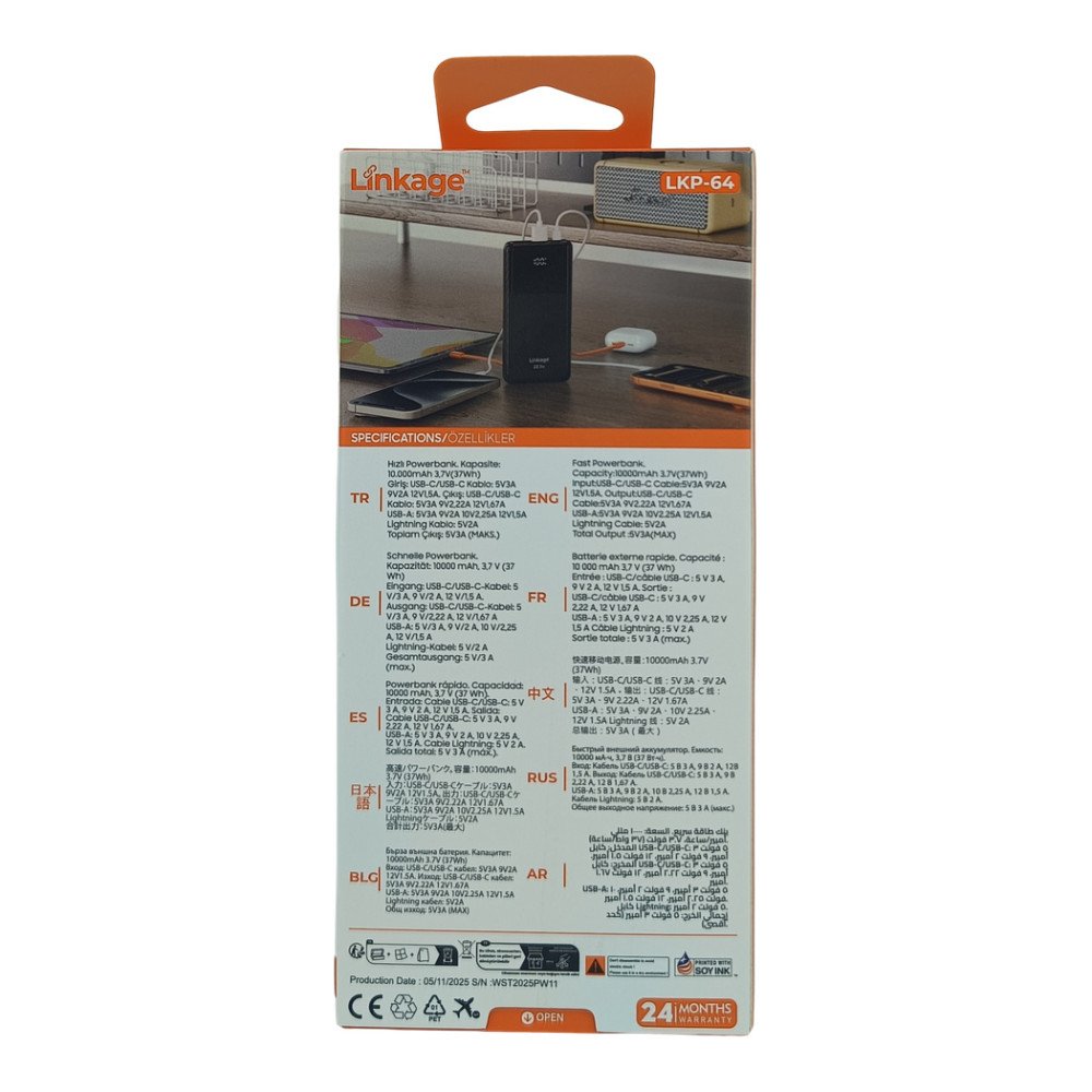 Linkage LKP-64 10000 mAh 22.5W Type-C ve Lightning Kablolu Powerbank LCD Gösterge