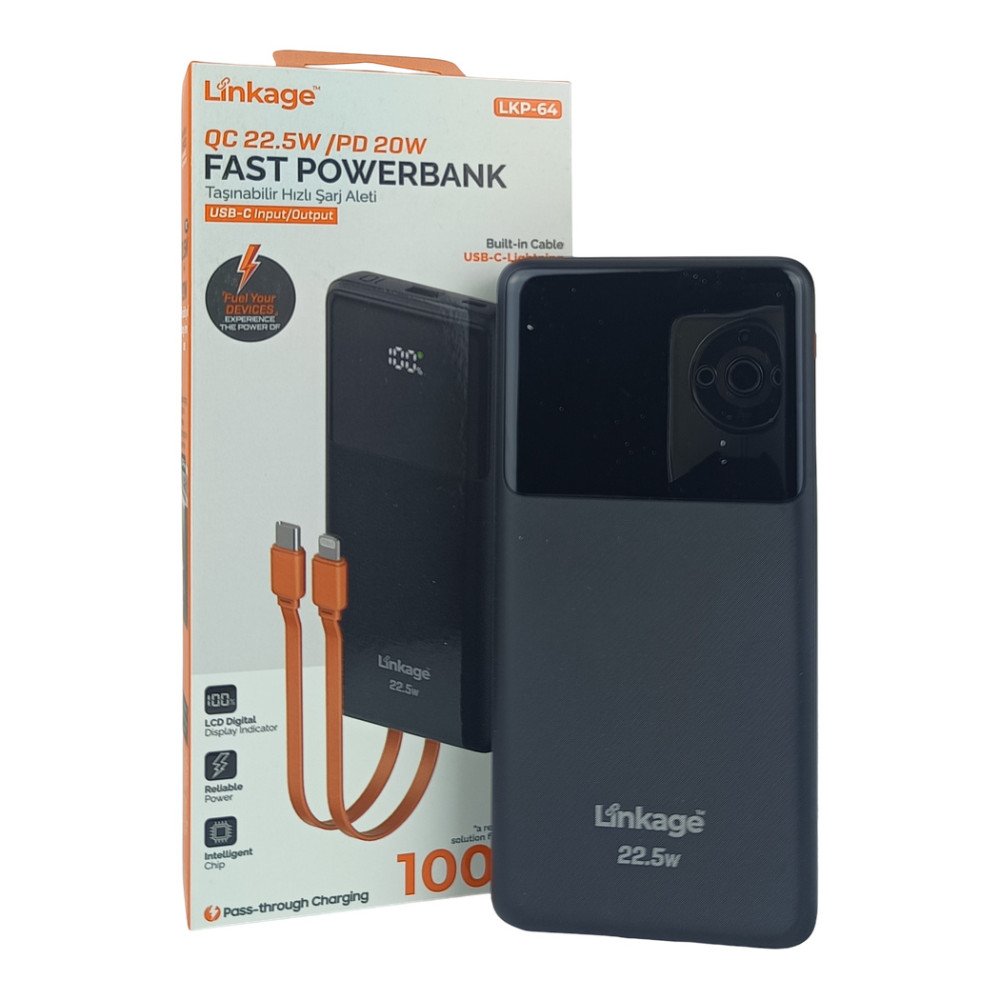 Linkage LKP-64 10000 mAh 22.5W Type-C ve Lightning Kablolu Powerbank LCD Gösterge