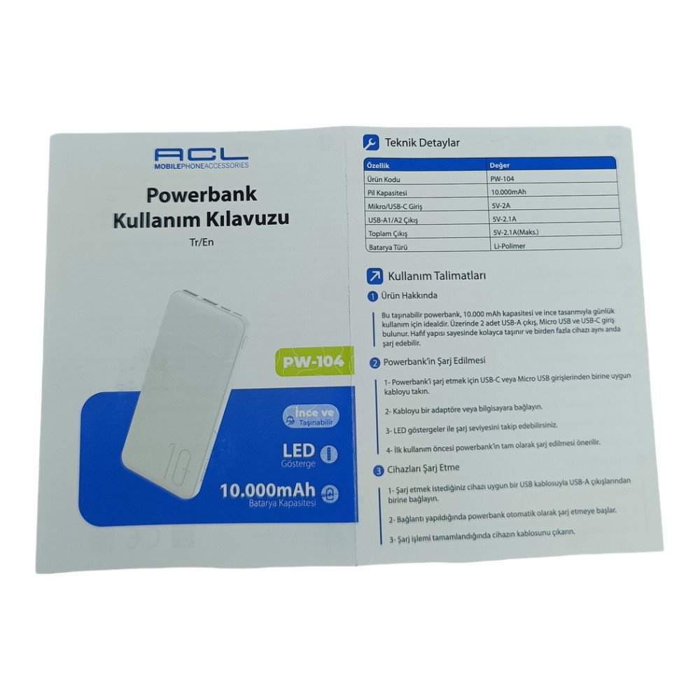 PW-104 10000 mAh Taşınabilir Powerbank USB Type-C Hızlı Şarj