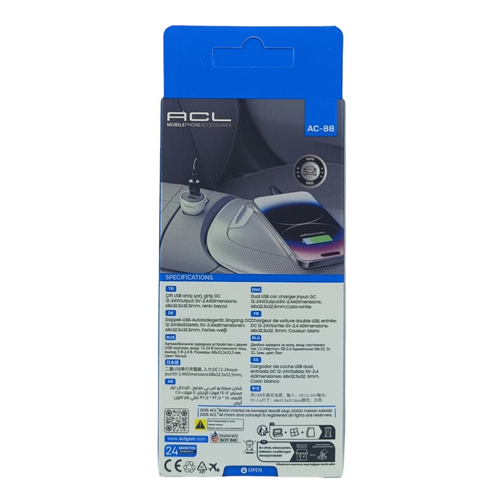 AC-88 Araç İçi Şarj Soketi Çift USB 2.4A Hızlı Araç Şarj Adaptörü 12V/24V Uyumlu