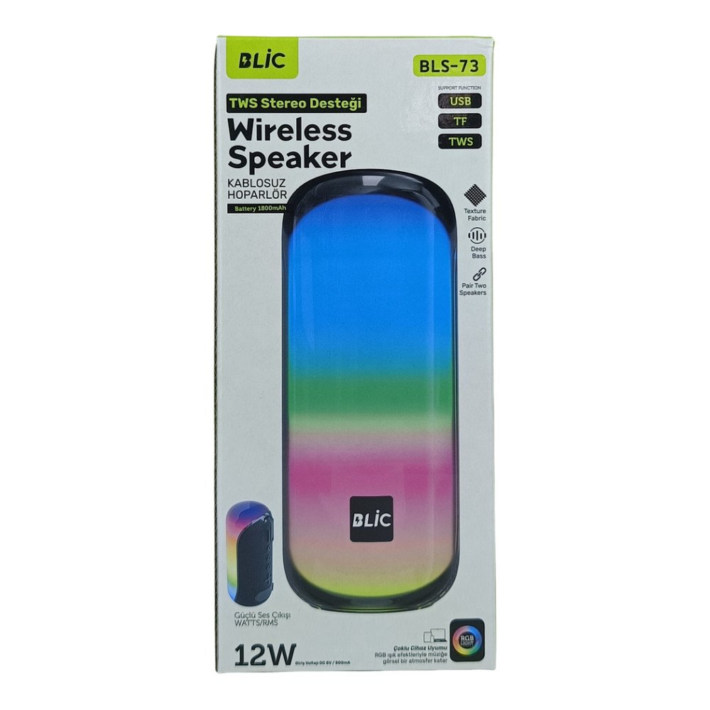 BLS-73 RGB Işıklı Bluetooth Hoparlör 12W TWS Stereo USB/TF Destekli Kablosuz Speaker