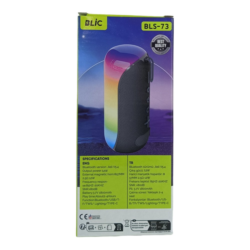 BLS-73 RGB Işıklı Bluetooth Hoparlör 12W TWS Stereo USB/TF Destekli Kablosuz Speaker