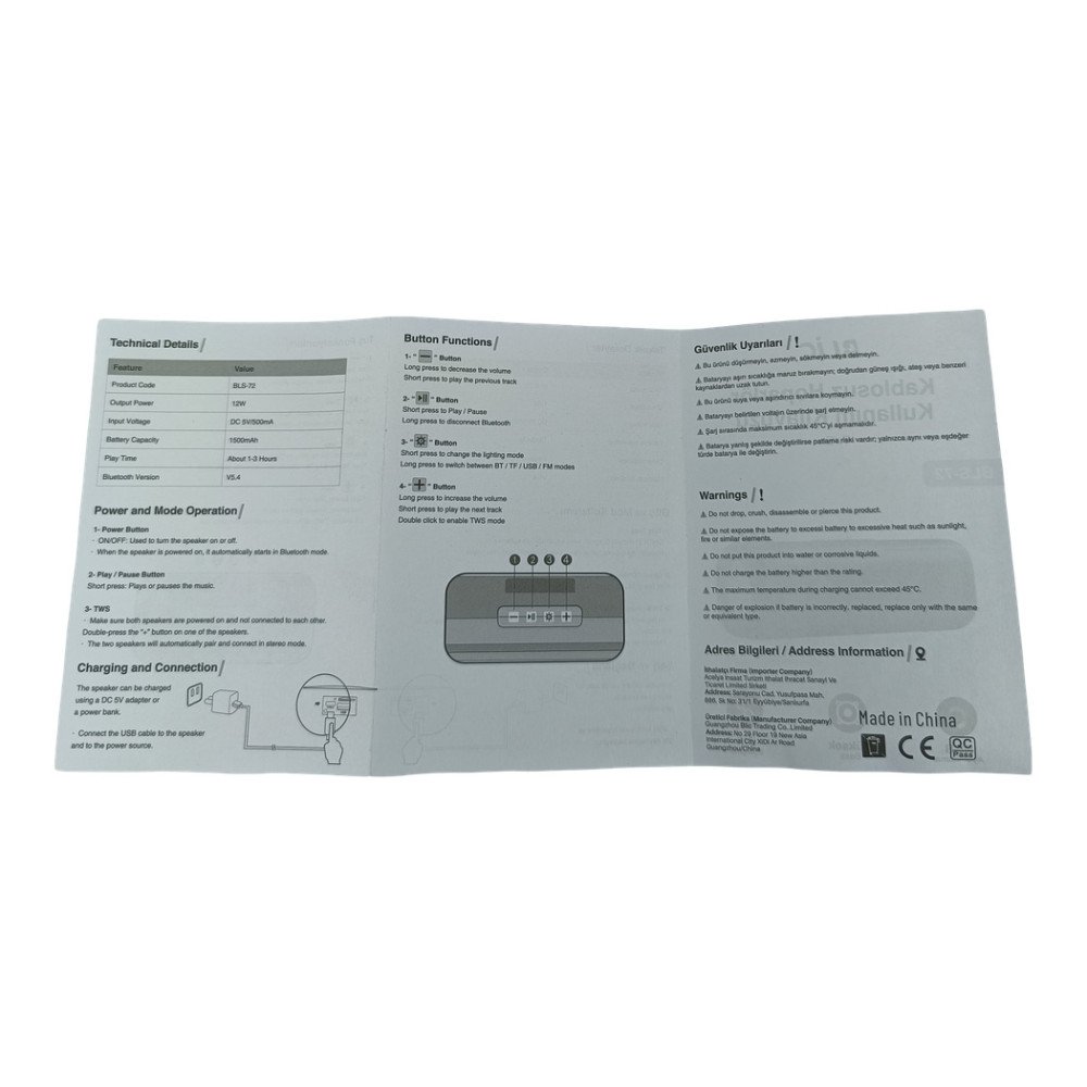 BLS-72 Bluetooth Hoparlör 12W Güçlü Bass TWS Stereo USB/TF Destekli Taşınabilir Kablosuz Speaker