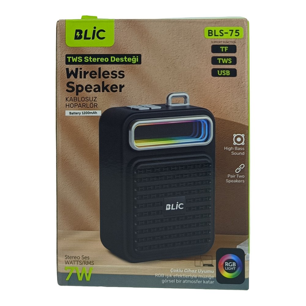 BLS-75 Bluetooth Hoparlör 7W RGB Işıklı TWS Stereo USB/TF Destekli Kablosuz Speaker