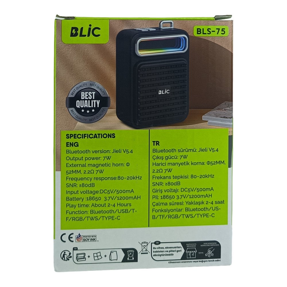 BLS-75 Bluetooth Hoparlör 7W RGB Işıklı TWS Stereo USB/TF Destekli Kablosuz Speaker