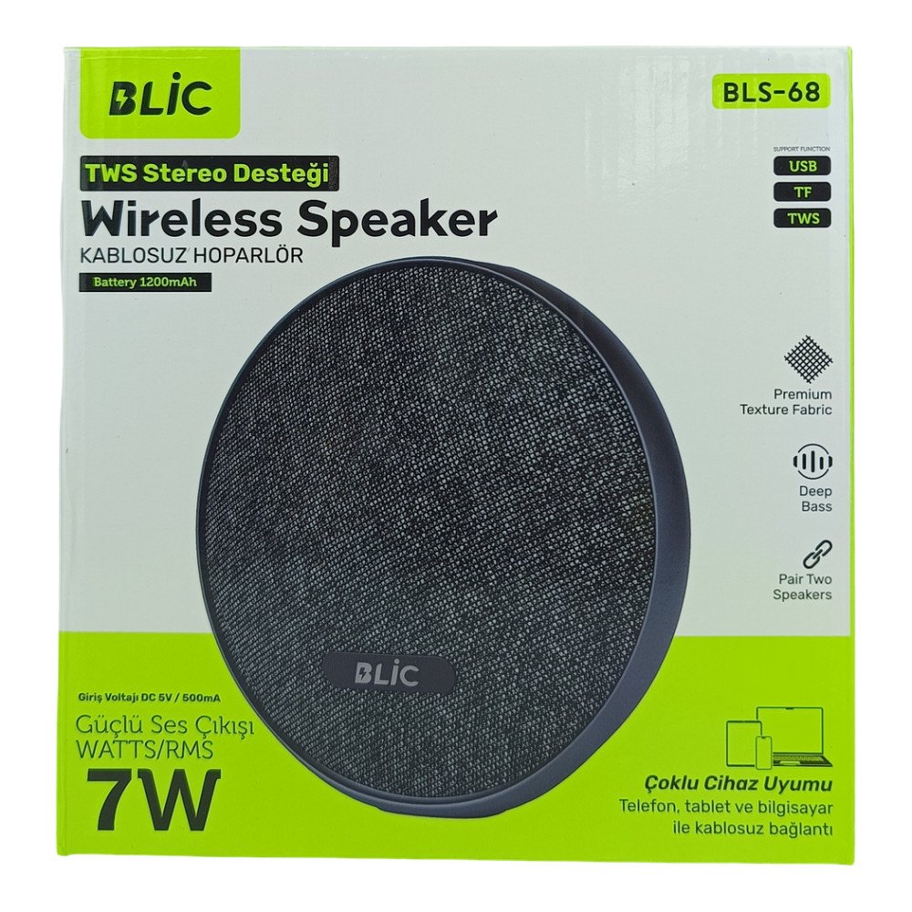 BLS-68 Bluetooth Hoparlör 7W Kumaş Kaplı TWS Stereo USB/TF Destekli Kablosuz Speaker
