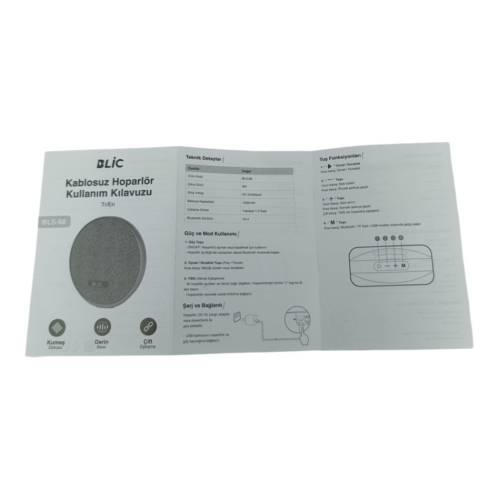 BLS-68 Bluetooth Hoparlör 7W Kumaş Kaplı TWS Stereo USB/TF Destekli Kablosuz Speaker