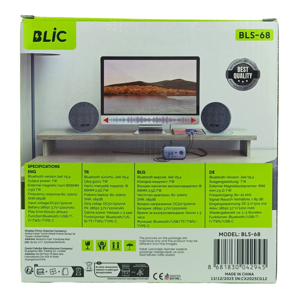 BLS-68 Bluetooth Hoparlör 7W Kumaş Kaplı TWS Stereo USB/TF Destekli Kablosuz Speaker