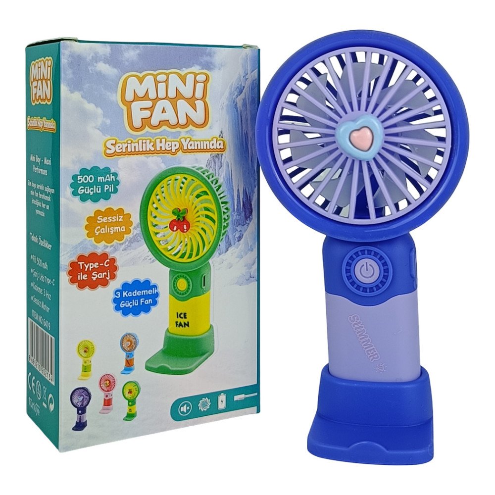 El Fanı Mini Masaüstü Type-C Şarjlı 3 Kademeli Vantilatör Soğutucu 6419